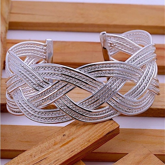 Braided Design Sterling Silver Bangle Cuff Bracelet Matching Ring Set - Picture 4 of 12